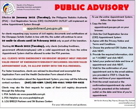 PSA Zambales is now implementing the online appointment.